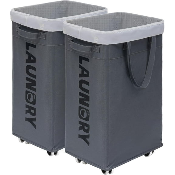 2-Pack Hamper with Wheels, 75L Large Laundry Baskets with Removable Wash Bags, Foldable Laundry Baskets with Slim Design for Corner Dorms, Rolling Laundry Hamper on Wheels, Grey