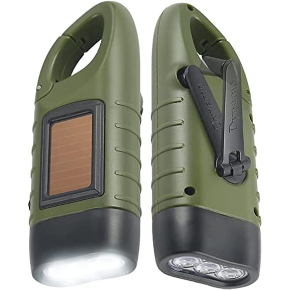 2-Pack Hand Crank Solar Powered Flashlight, Emergency Rechargeable LED Survival Quick Snap Carbiner Dynamo Flash Light Torch for Outdoor Sports, Green