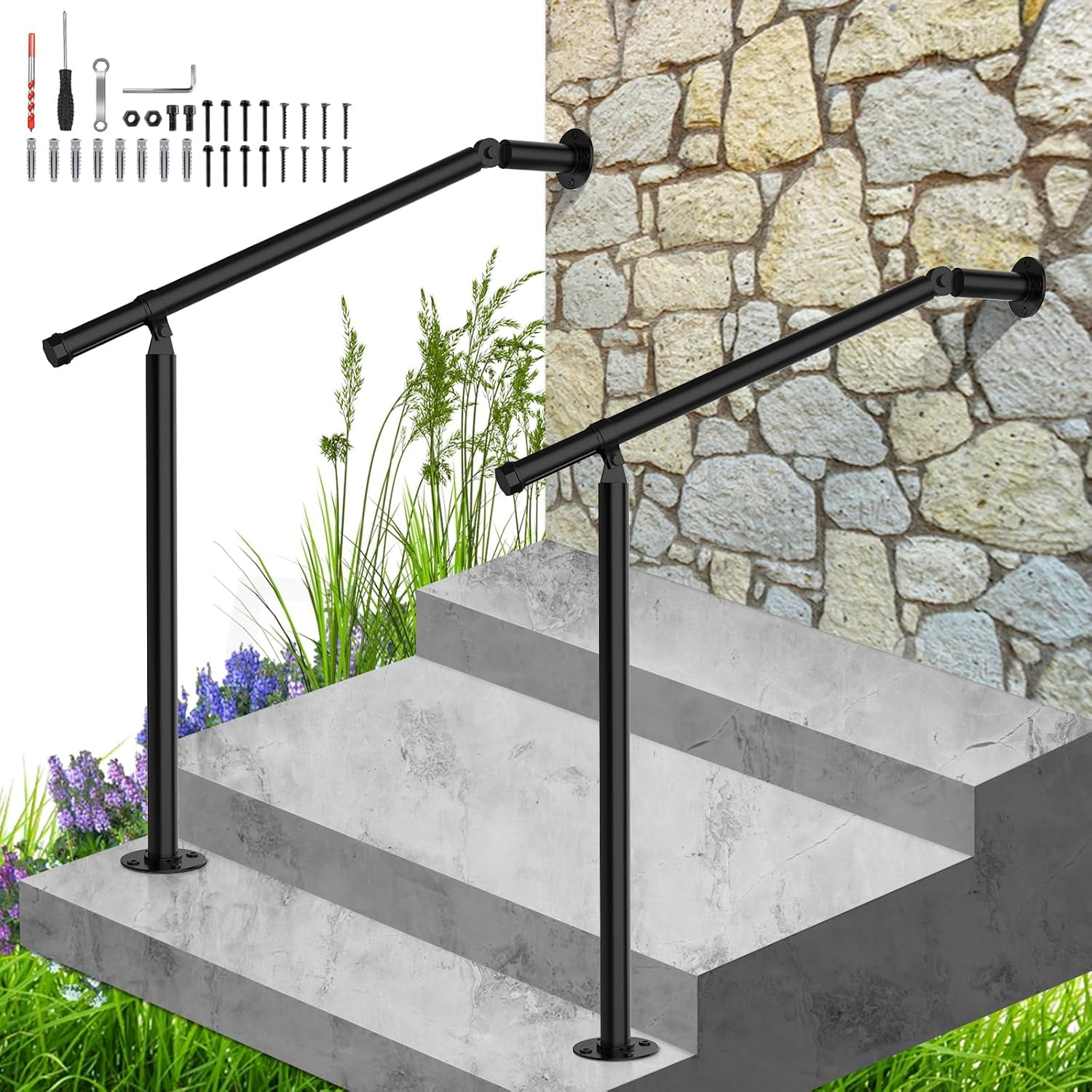 2 Pack Hand Rails for Outdoor Steps,Metal Deck Railing Kit Fits 1 to 3 ...