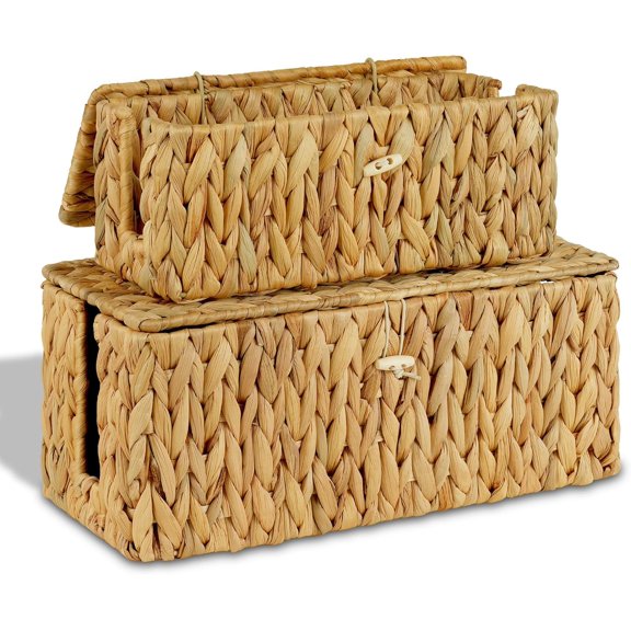 2 Pack Hand-Woven Cable Management Box with Lid, Water Hcinth Open Slots Cord Box to Hide USB Wire, trip & arger for & Office and Dorm, Natural