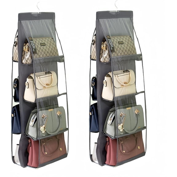 JINGBAO 2-Pack Hanging Handbag Organizer for Closet, Purse Storage Holder with 8 Clear PVC Pockets, Space-Saving Wall/Door Mount Bag for Women's Purses, Totes & Scarves, Gray
