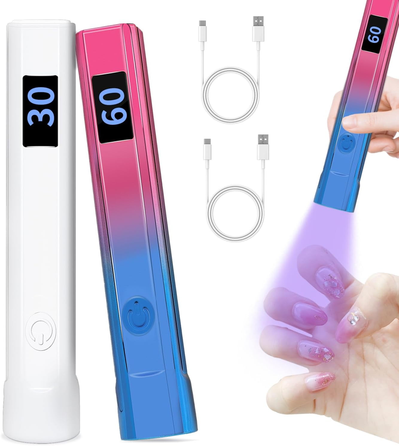 2 Pack Handheld Nail Lamp for Gel Nails, Portable Mini UV Light with LED, Nail Dryer for Fast Curing, Cordless Rechargeable Nail Light with Type C for Home DIY Manicure
