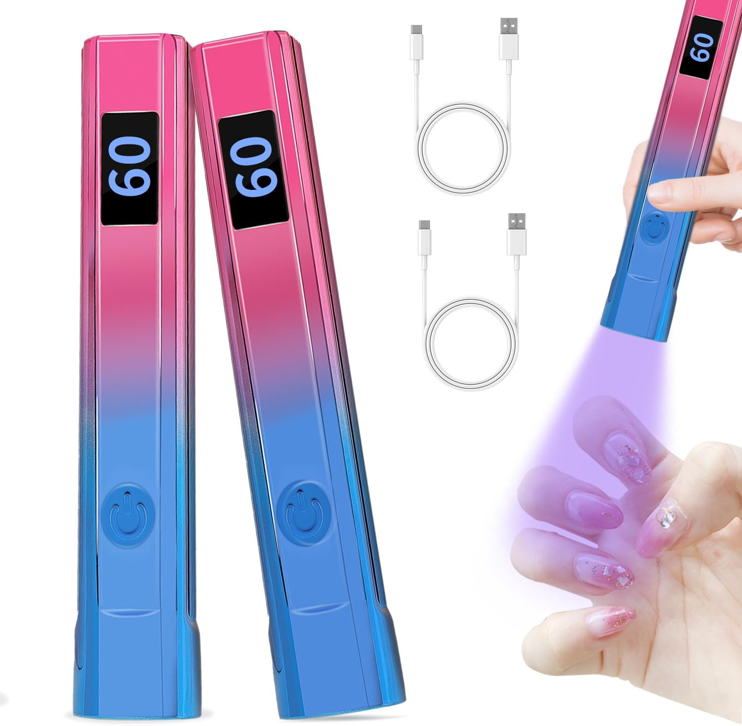 2 Pack Handheld Nail Lamp for Gel Nails, Portable Mini UV Light with LED, Nail Dryer for Fast Curing, Cordless Rechargeable Nail Light with Type C for Home DIY Manicure
