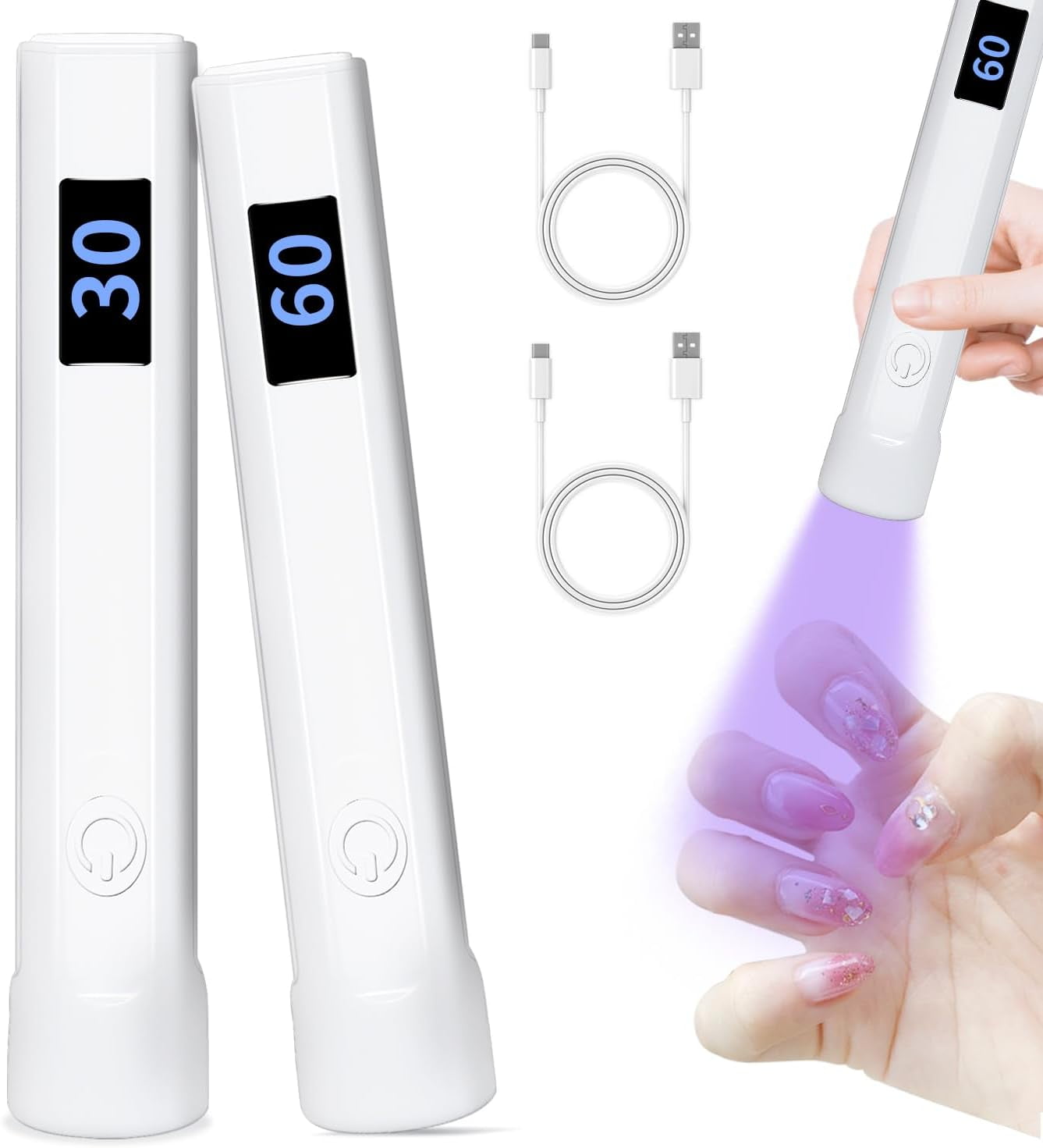 2 Pack Handheld Nail Lamp for Gel Nails, Portable Mini UV Light with LED, Nail Dryer for Fast Curing, Cordless Rechargeable Nail Light with Type C for Home DIY Manicure