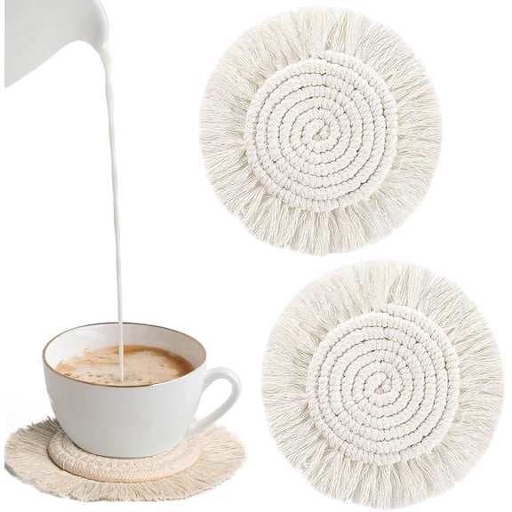 2 Pack Handmade Cotton Coasters,Coasters for Drinks Absorbent,Boho Coasters with Tassels,Heat Protection Mat Handmade Macrame Coasters for Decor,Round Drinks Woven Coasters for Mugs and Cups