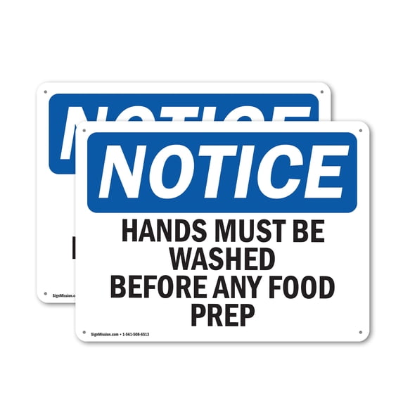 (2 Pack) Hands Must Be Washed Before Any Food Prep OSHA Notice Sign 14 Inch X 10 Inch Indoor / Outdoor Rust-Free Aluminum Metal Signs for Workplace, Workshop, and Construction Site,