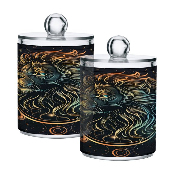 2 Pack Handsome Lion Head Qtip Holder Dispenser Clear Plastic Storage Apothecary Jars for Cotton Swabs Balls Pads Floss
