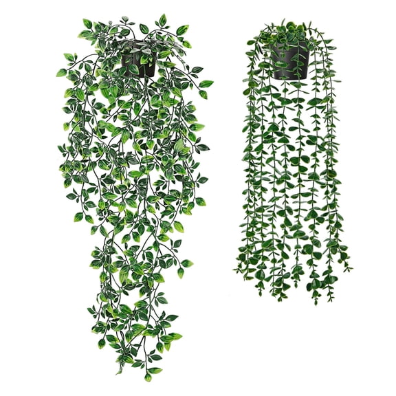 Miracliy 2 Pack Artificial Hanging Vines, 1 Long Datura Vine and 1 Eucalyptus Vine Green Fake Trailing Plants for Indoor Wall Home Decor