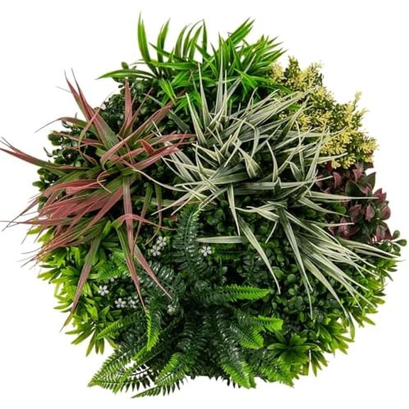 2 Pack Hanging Artificial Plants Panels, 20" Round Framed 3D Greenery Wall Art Decor, 9 Types of Mixed Fern Fake Grass, Faux Plants Wall Panels for Living Room Backdrop