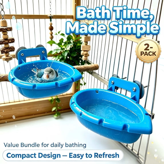 2 Pack Hanging Bird Bath Tub Feeder Boxes, Plastic Multifunctional Bird Water Dish Food Bowl with Secure Cage Clips, Spatter-Proof Bird Cage Accessory