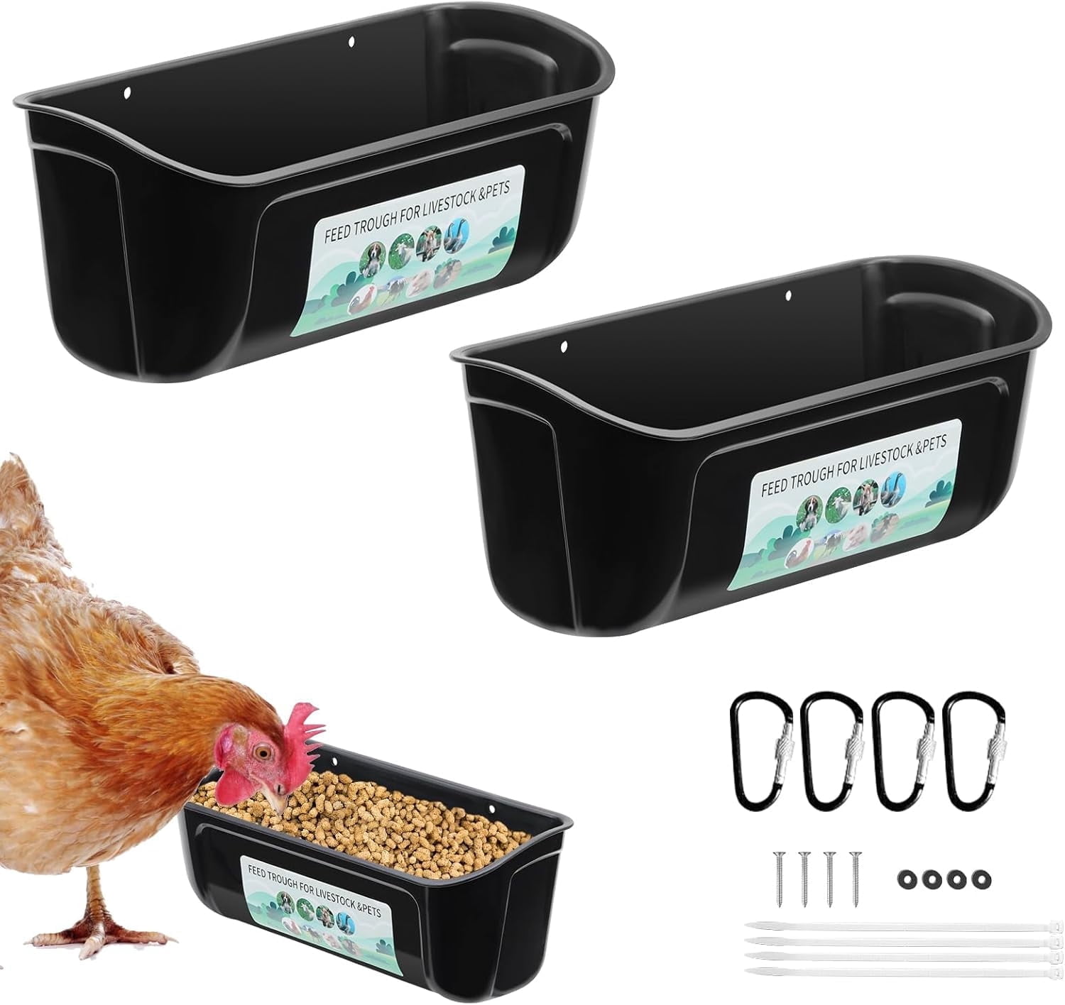 2 Pack Hanging Chicken Feeder Trough, Duck Feeders and Waterers with Heavy Duty Carabiners, Goat Feeders for Sheep,Piglet, Gooses, Turkeys, Dog Livestock Poultry, Black