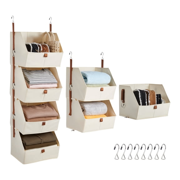 2 Pack Hanging Closet Organizer, 4-Tier Modular Storage Shelves with Hooks, Non-Woven Fabric Hanging Storage for Wardrobe, RV, Dorm, Bedroom (Beige)
