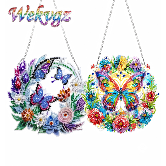 2 Pack 5D Diamond Art Hanging Kit, Acrylic Butterfly Suncatcher for Window Decor, DIY Gem Painting Kit for Home Bedroom, Adults Crafts Style 2