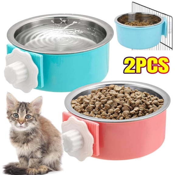 2-Pack Hanging Dog Bowls with Removable Stainless Steel Feeder - Spill-Proof Crate Bowls for Kennel/Cage, Puppy to Medium Dogs, Cats, Rabbits (Durable Pet Food & Water Dishes)