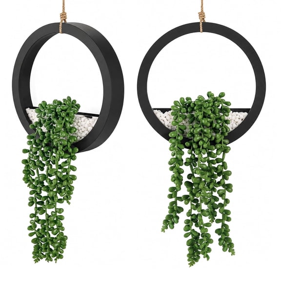 Miracliy 2 Pack Artificial String of Pearls Hanging Succulents, Black Round Frame Wall Mounted Faux Plants with 2 Free Scented Sachets, for Indoor Home Wall Decor