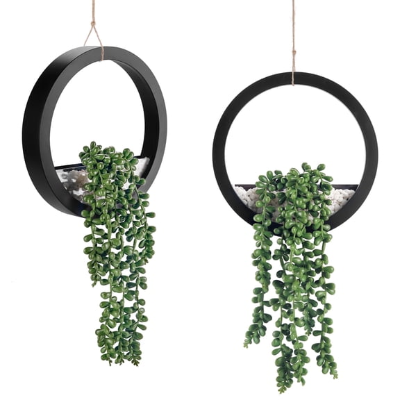 Miracliy 2 Pack Artificial String of Pearls Hanging Succulents, Black Round Frame Wall Mounted Faux Plants with 2 Free Scented Sachets, for Indoor Home Wall Decor