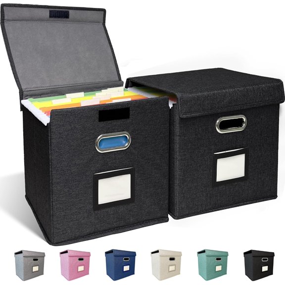 2 Pack Hanging File Folder Box with Lid, Durable Letter Size Filing Storage Box, Sturdy File Holder with Cardboard Support PVC Rails for Office Home Organizer, Black