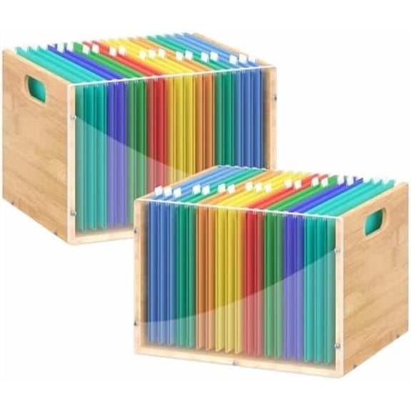 2 Pack Hanging File Organizer, Clear Acrylic File Box Organizer, Bamboo Filing Box File Crate Storage Boxes, Portable Filing Organizer with Handle for Letter Size