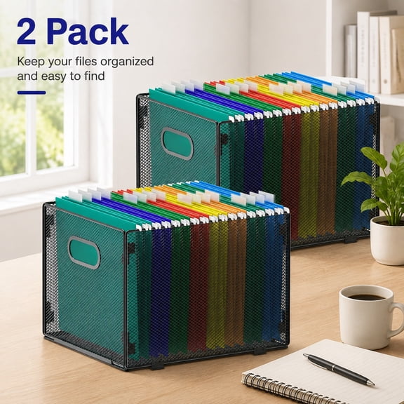2 Pack Hanging File Organizer, Mesh File Folder and Filing Box for Letter Size, File Cabinet Storage Box Organizer
