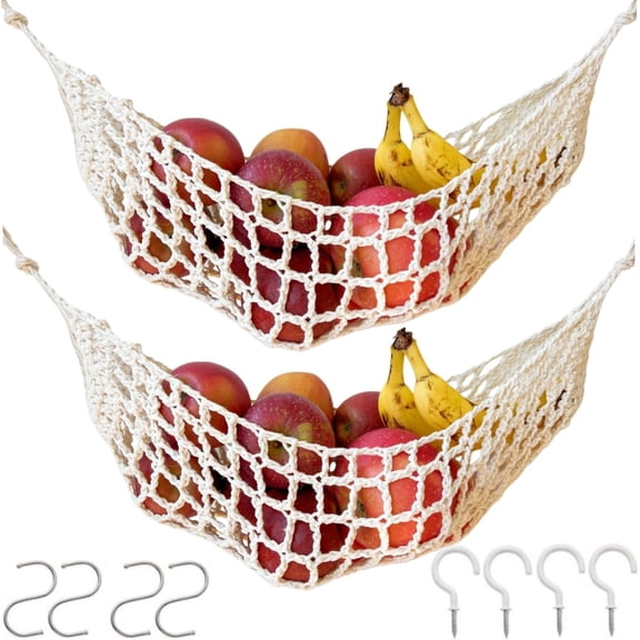 2-Pack Hanging Fruit Hammock with Hooks - Macrame Under Cabinet Veggie Banana Basket, Hand-Woven Boho Fruit Holder, Save Counter Space for Kitchen Home RV Boat (Ivory)