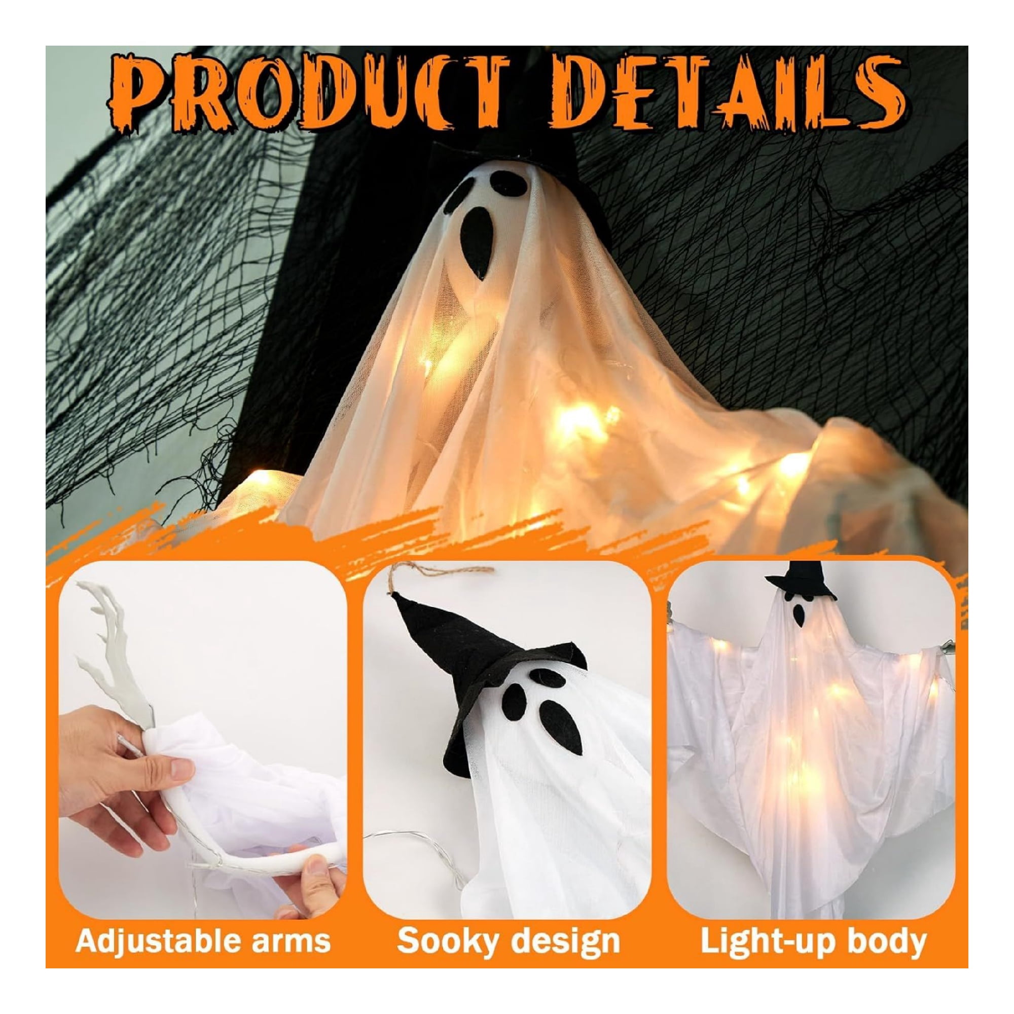 2 Pack Hanging Ghost Decorations 70cm with 8 Mode Lights for Indoor Outdoor