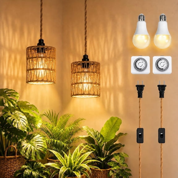2 Pack Hanging Grow Lights for Indoor Plants, Boho Rattan Plant Light 15FT Power Cord with Timer, 15W Full Spectrum Pendant Plant Lights for Indoor Growing Greenhouse Flowers Home Decor