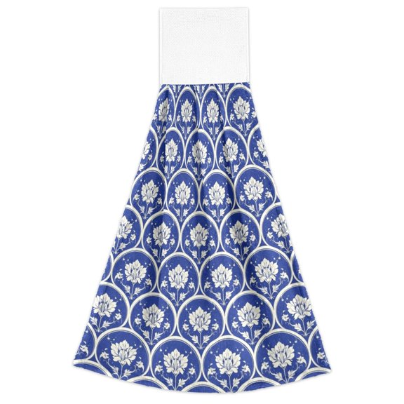 2 Pack Hanging Hand Towels for Kitchen & Bathroom, Dish Towels with Navy Floral Prints, 18.2x14 in