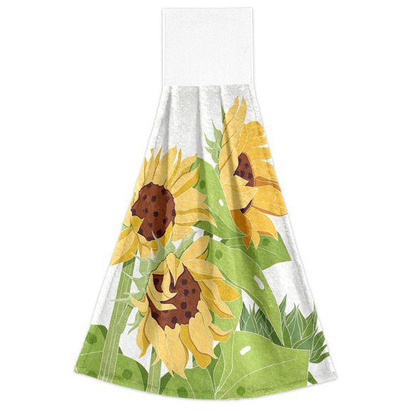 2 Pack Hanging Hand Towels for Kitchen & Bathroom, Dish Towels with Yellow Sunflower Art Prints, 18.2x14 in