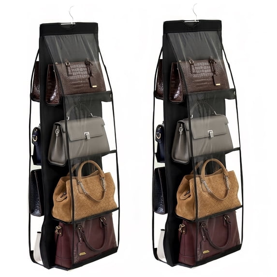 2 Pack Hanging Handbag Purse Organizer for Closet, 8 Pockets Space Saving Wardrobe Storage with Heavy Duty Hooks (Black)