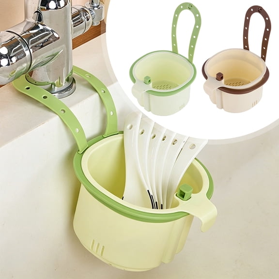 2-Pack Hanging Kitchen Drain Basket with Adjustable Hook, Detachable Strainer and Outer Bucket for Fruits Vegetables Pasta, Multifunctional Sink Caddy, Prevents Clogged Drains, Green Brown, By Harlik