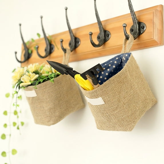 2 Pack Hanging Linen Storage Basket, Wall Mount or Desktop Organizer Pouch, Natural Jute and Cotton Bag for Keys Mail Cosmetics, Foldable Small Tidy Basket for Bathroom Bedroom Entryway