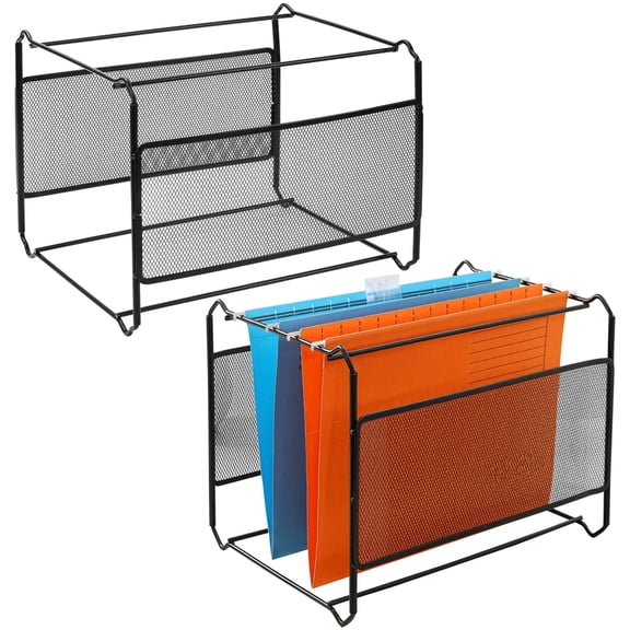 2 Pack Hanging Mesh File Folder Organizer, Detachable Metal Storage Baskets for Desk, Letter Size Document Holder, Office Home Space Saving Desktop Shelf
