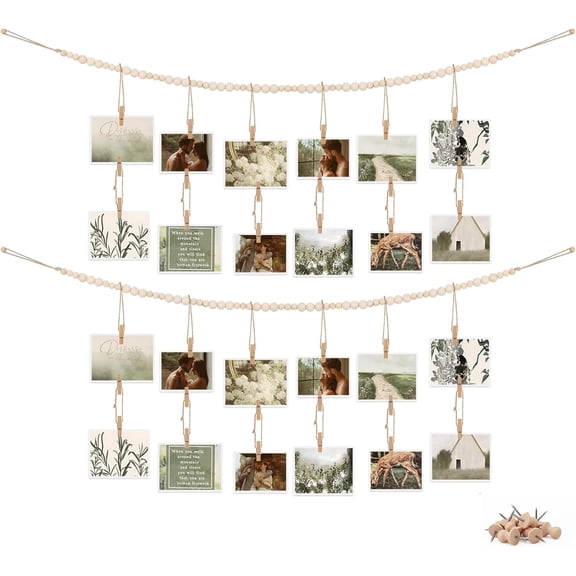 2 Pack Hanging Photo Display with Clips Wall Decor, 2Pcs Boho Wooden Bead Garland Picture Banner Valentine's Day Card Holder Display with 60 Clips, 7 Wooden Pegs for Room Dorm Decor