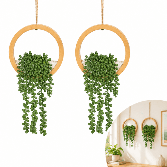 2 Pack Wall Mounted Artificial Succulent Planters, Faux String of Pearls Plants, Circular Wood Frame Hanging Decor, Indoor Home Potted Plant Wall Decor