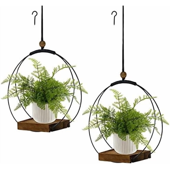 2 Pack Hanging Planter for Indoor Plants, Black Plant Hanger with Sturdy Wood Base, Modern Boho Macrame Hanger, Wall Ceiling Window Planter (Plants/Pots Not Included)