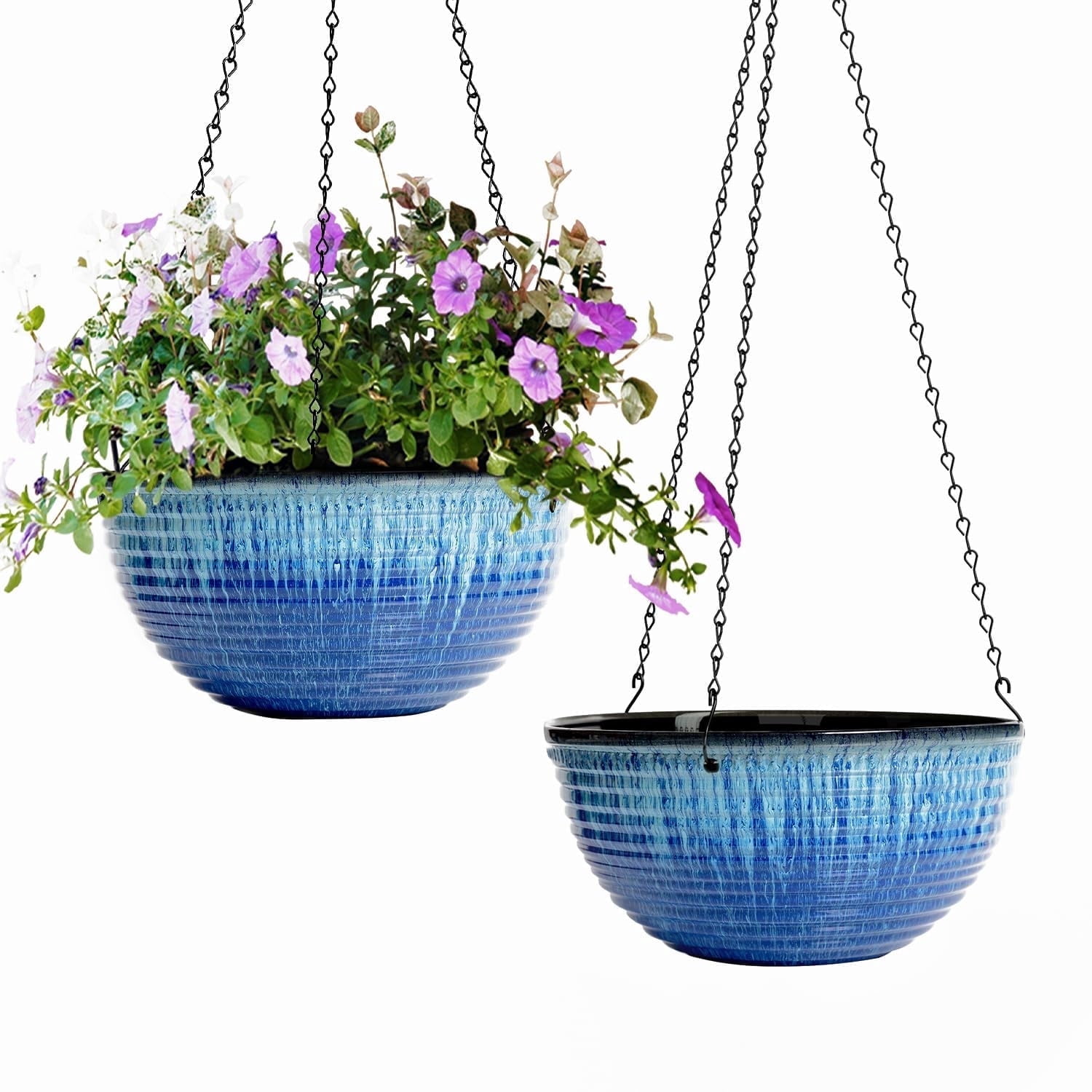2 Pack Hanging Planters for Indoor Outdoor Plants, 10 Inch Hanging Planter with Drainage Hole & Plug Glazed Hanging Baskets Flower Pots for Garden Home (Blue Glaze)