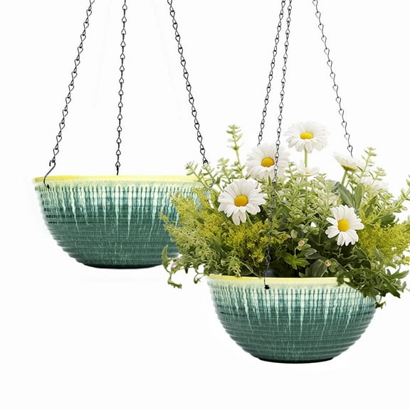 2 Pack Hanging Planters for Indoor Outdoor Plants, 10 Inch Hanging Planter with Drainage Hole & Plug Glazed Hanging Baskets Flower Pots for Garden Home (Green Glaze)