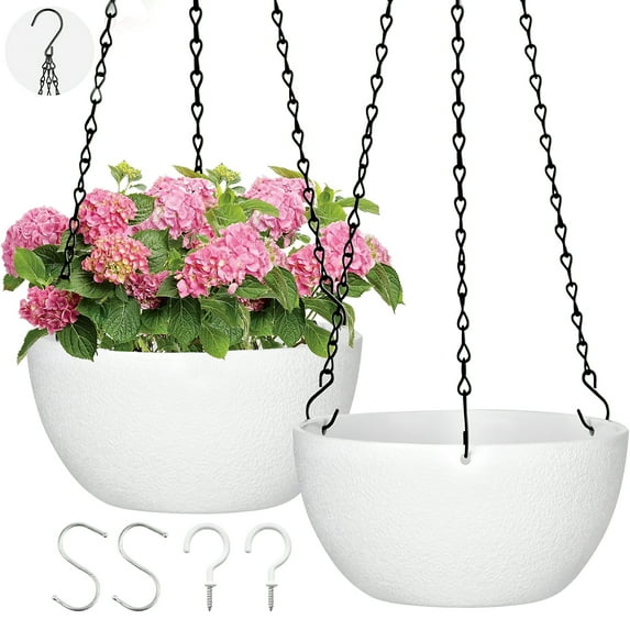 2 Pack Hanging Planters for Indoor Outdoor Plants, 9 Inch Flower Pots with Drainage Holes and Chains, Plastic Hanging Baskets with S-Hooks and Ceiling Hooks for Home and Garden Decor(White)