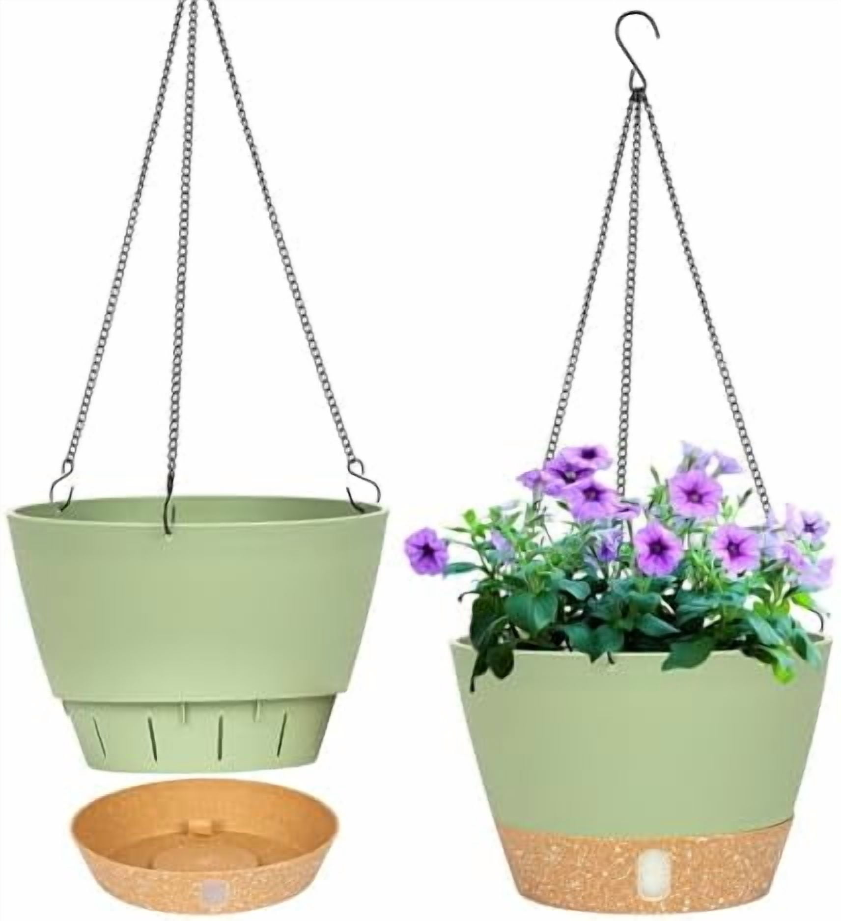 2 Pack Hanging Planters for Indoor Outdoor Plants, 8 Inch Hanging Baskets Flower Pots with Reservoir Tray & Visible Water-Level Green,8 inch