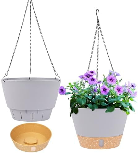 2 Pack Hanging Planters for Indoor Outdoor Plants, 8 Inch Hanging Baskets Flower Pots with Reservoir Tray & Visible Water-Level Light Grey,8 inch