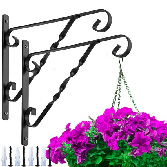 2 Pack Hanging Plants Bracket 12'' for Outdoor Hook Hanger Planter Flower Baskets Pot Bird Feeder Wind Chime Lantern Patio Lawn Garden Shelf Fence Screw Wall Mount Arm Hardware Metal Black