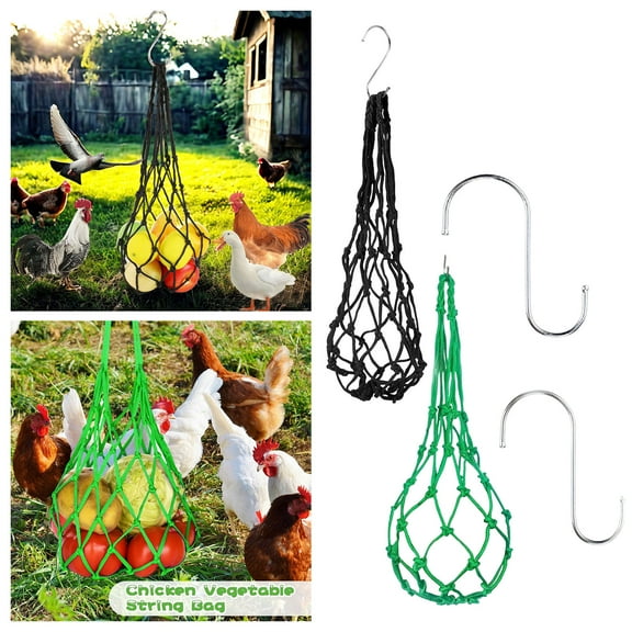 2-Pack Hanging Poultry Feeder Multi-Function Chicken Toy & Fruit/Vegetable Holder for Hens, & Large Birds | Durable Mesh Bag with Metal Hooks