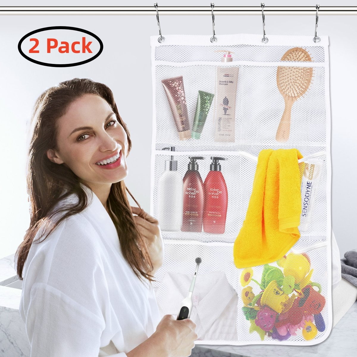 2 Pack Hanging Shower Organizer Mesh Caddy with Rotating Hanger Bathroom Storage Bag Hang over Shower Head Curtain Rod