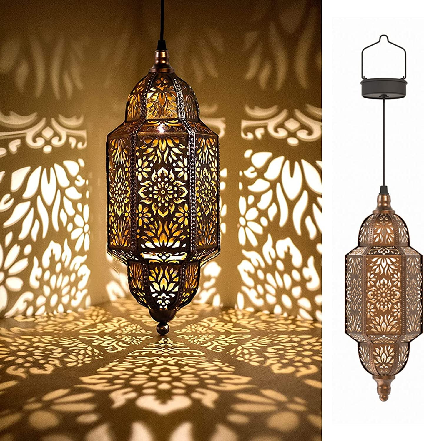 2 Pack Gold Hanging Solar Moroccan Metal Lanterns