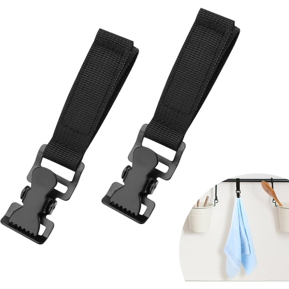 2 Pack Hanging Towel Clips, Metal Kitchen Glove Clips with Adjustable Hook and Loop Nylon Strap, Suitable for Kitchen, Oven Handle, Bathroom Towel Rack, Dishwasher, Cupboards
