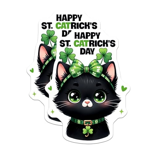(2 Pack) Happy St Catrick's Day Magnets - Black Cat with Shamrock - St Patrick's Day Cat Decor - 5" On Longest Side - for Cars, Fridges, Toolboxes - Made in USA - MAG8101