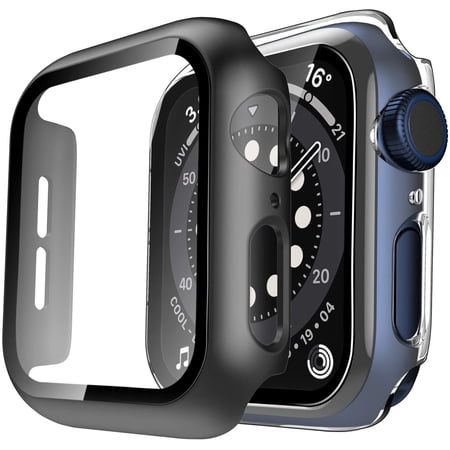 2 Pack Hard Case Compatible for Apple Watch SE/Series 6/5/4 40mm with 9H Tempered Glass Screen Protector, [Touch Sensitive] [Full Coverage] iWatch 44mm (Clear+Black, 44mm)