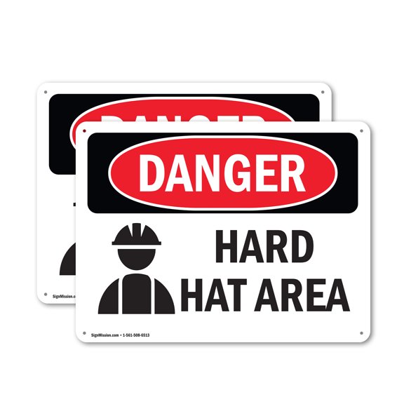 (2 Pack) Hard Hat Area OSHA Danger Sign 24 Inch X 18 Inch Plastic Sign, Weather Resistant, UV Protected for Workplace, Business, and Construction Site, Made in the USA