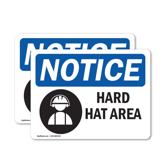 (2 Pack) Hard Hat Area OSHA Notice Sign 7 Inch X 5 Inch Vinyl Label Decal Sticker Weather Resistant, UV Protected for Workplace, Business, and Construction Site, Made in the USA