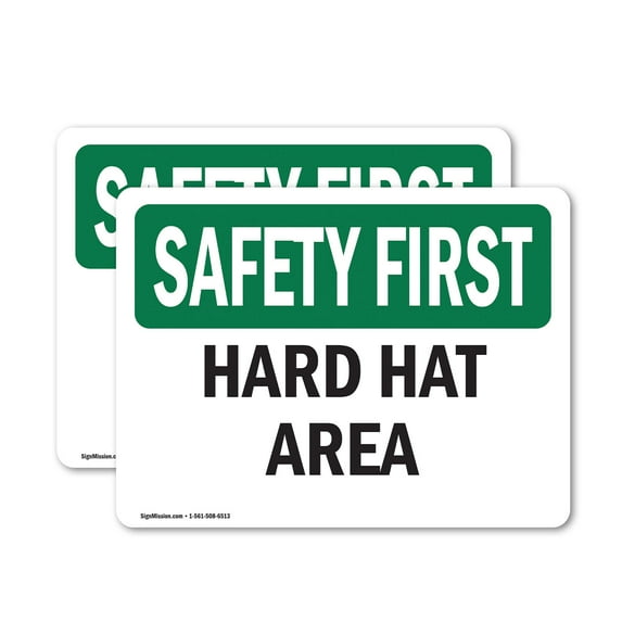 (2 Pack) Hard Hat Area OSHA Safety First Sign 7 Inch X 5 Inch Vinyl Label Decal Sticker Weather Resistant, UV Protected for Workplace, Business, and Construction Site, Made in the USA